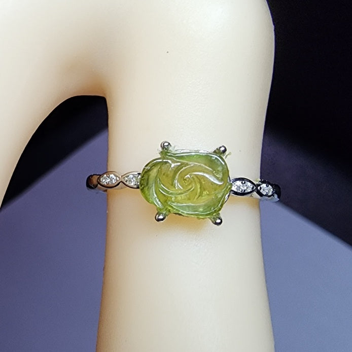 Natural Green Tourmaline Rose Sterling Silver Ring