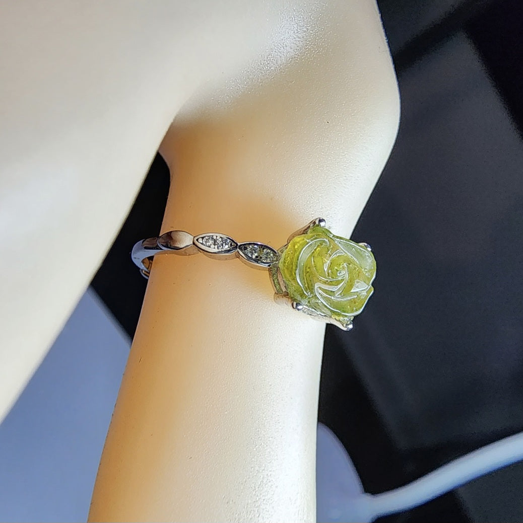 Natural Green Tourmaline Rose Sterling Silver Ring