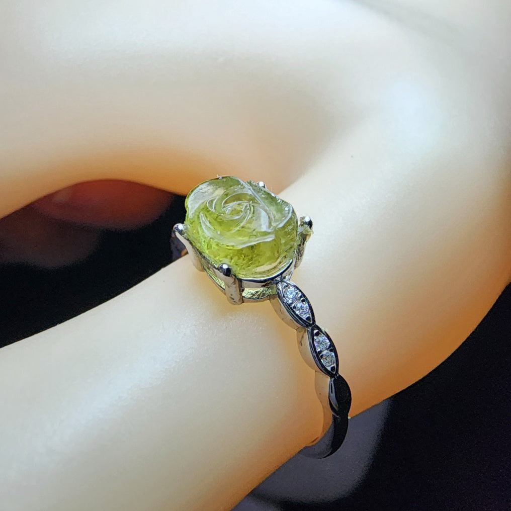 Natural Green Tourmaline Rose Sterling Silver Ring