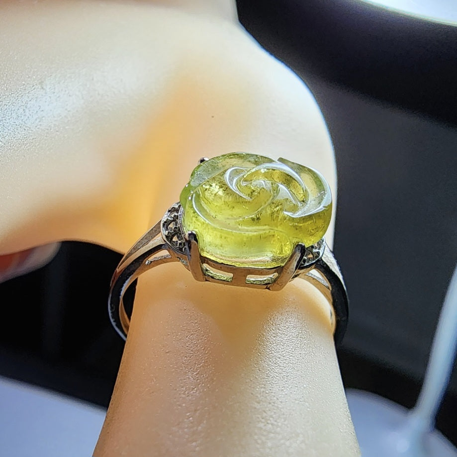 Natural Green Tourmaline Rose Sterling Silver Ring