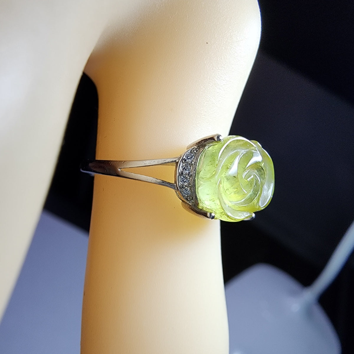 Natural Green Tourmaline Rose Sterling Silver Ring