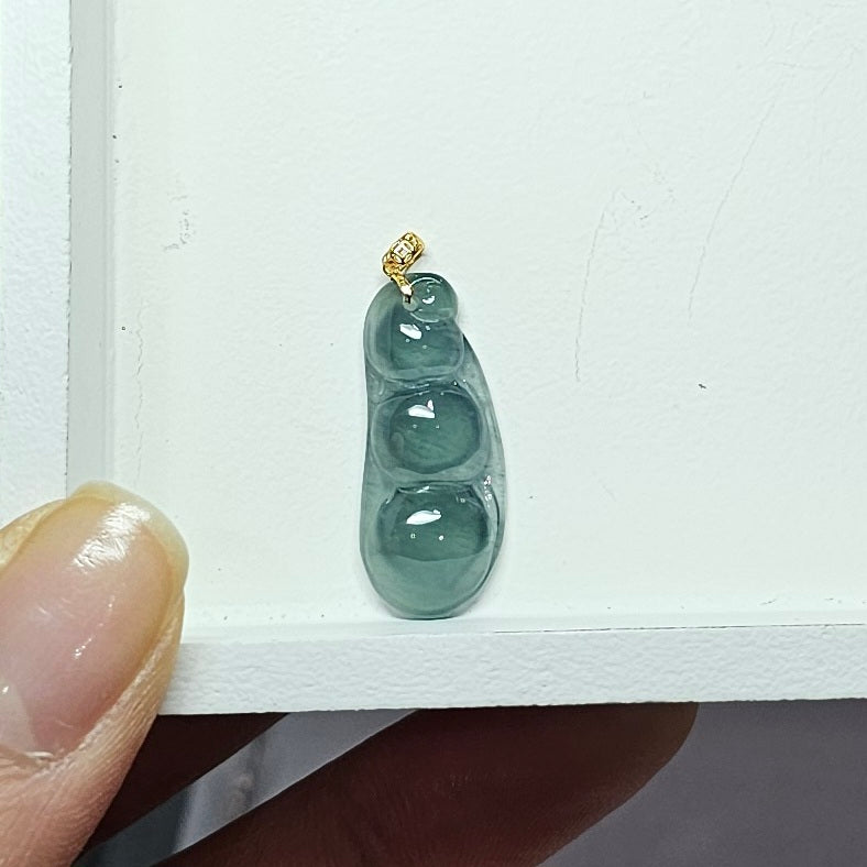 Natural Burmese Jade Beans 18K Gold Pendant