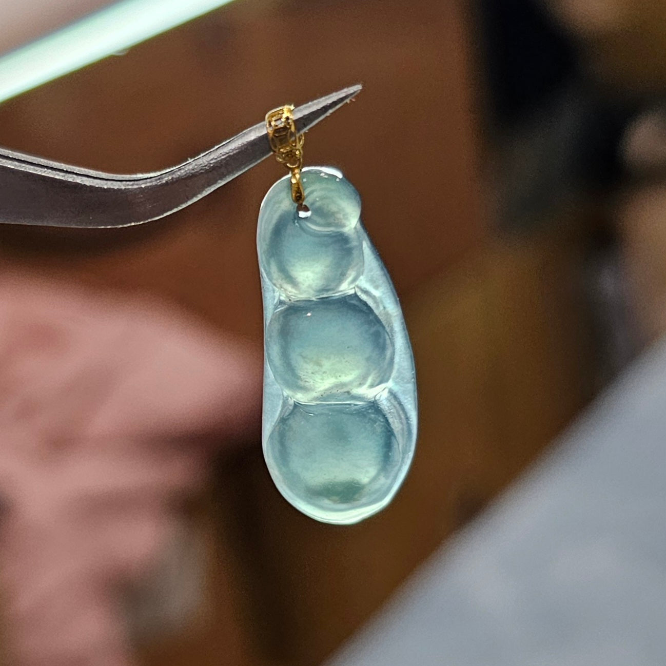 Natural Burmese Jade Beans 18K Gold Pendant