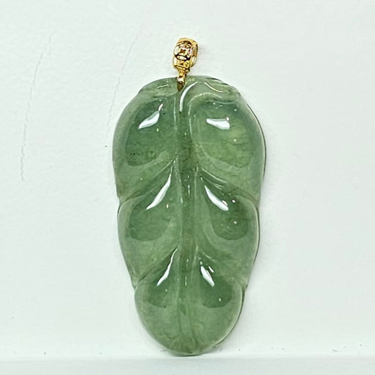 Natural Burmese Jade Leaf 18K Gold Pendant