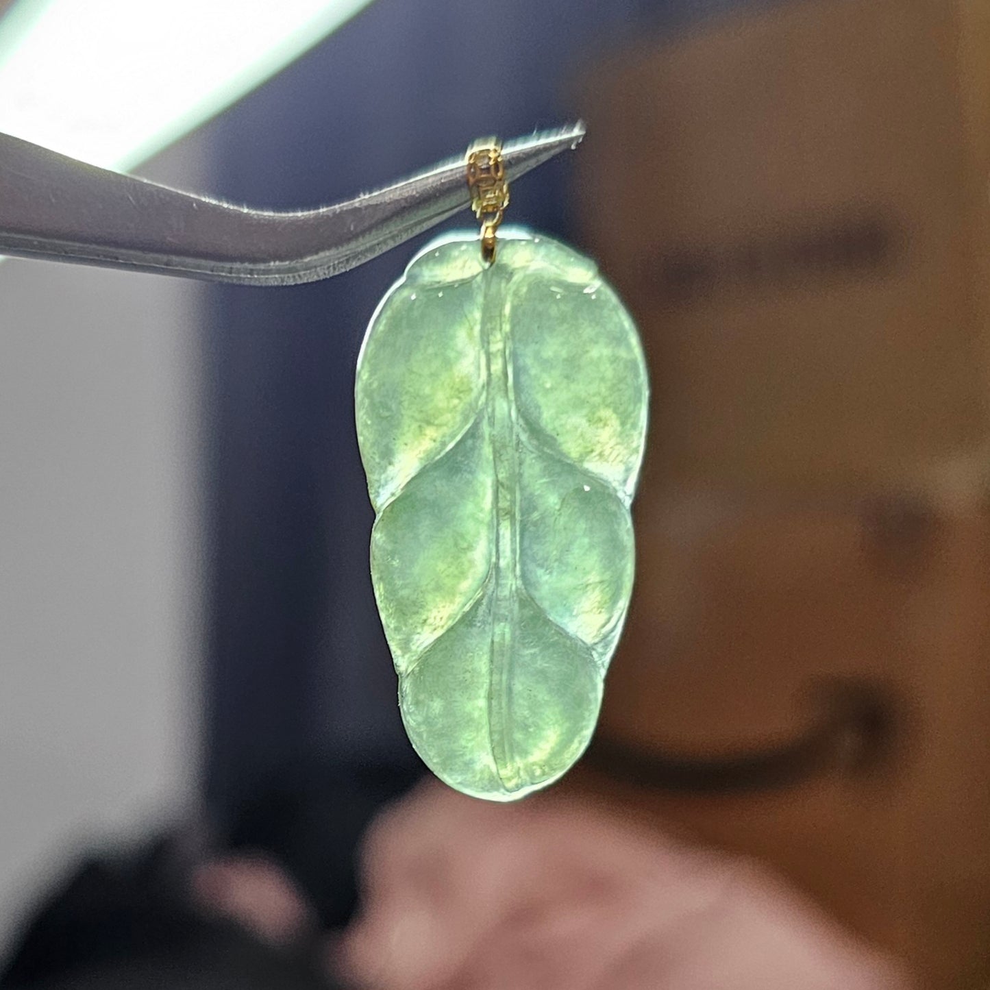 Natural Burmese Jade Leaf 18K Gold Pendant