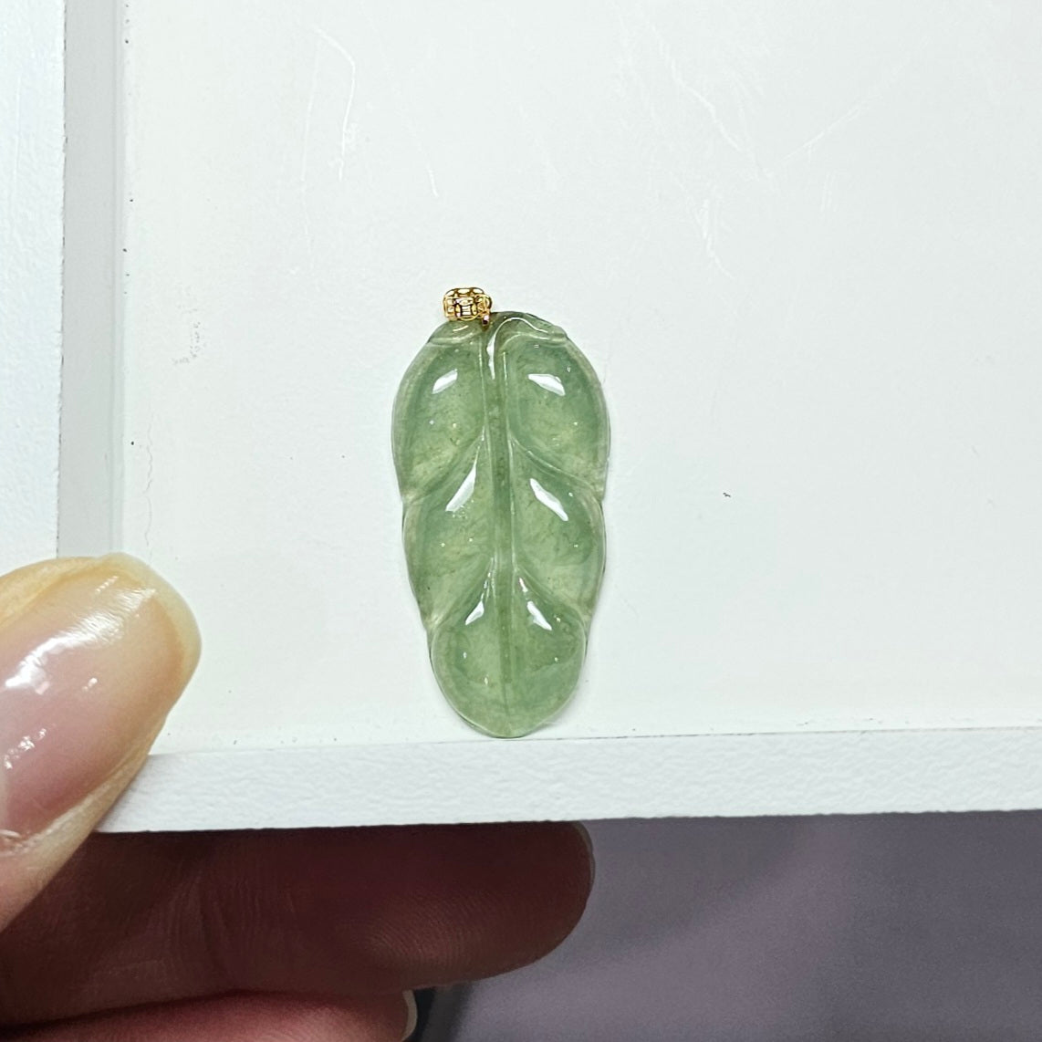 Natural Burmese Jade Leaf 18K Gold Pendant