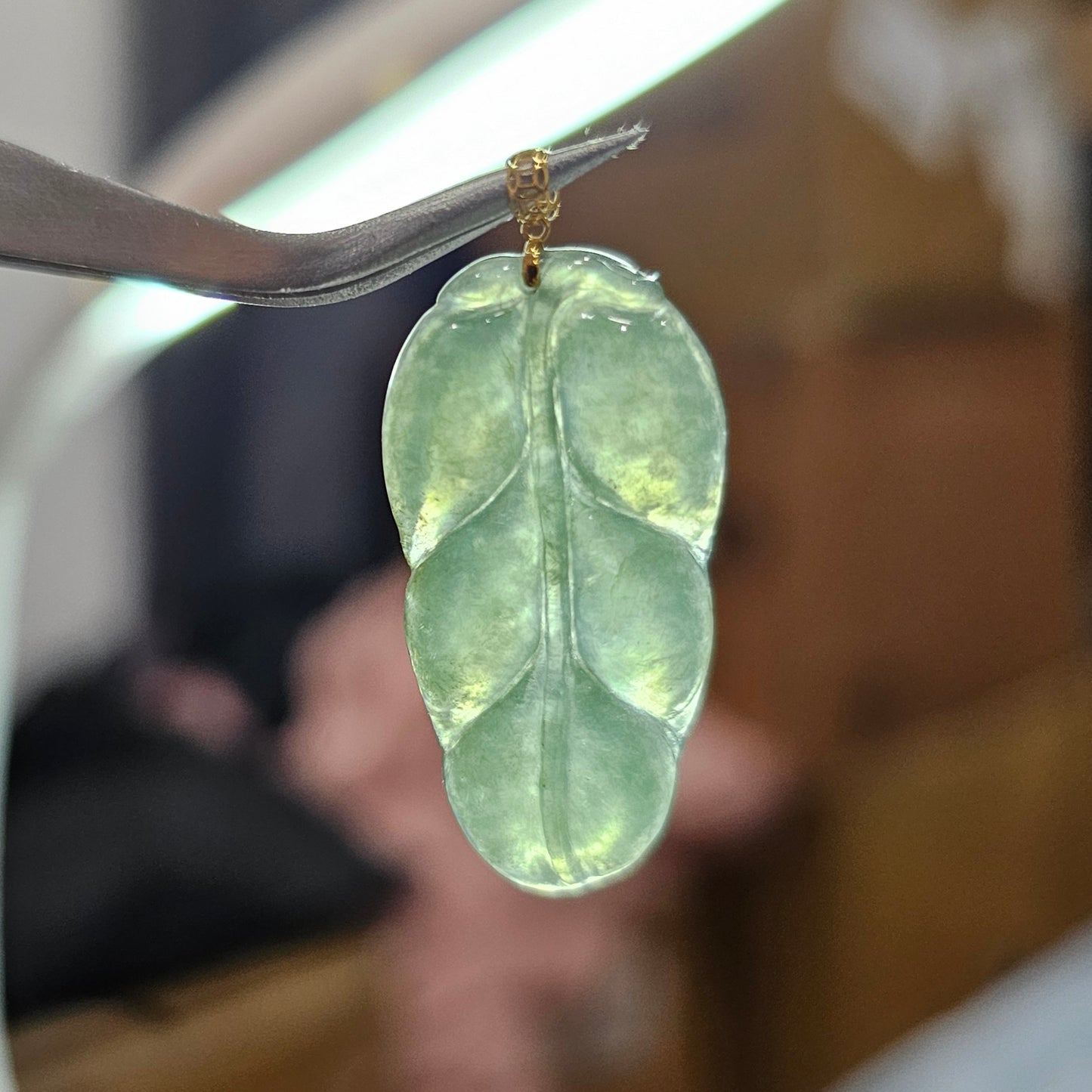Natural Burmese Jade Leaf 18K Gold Pendant