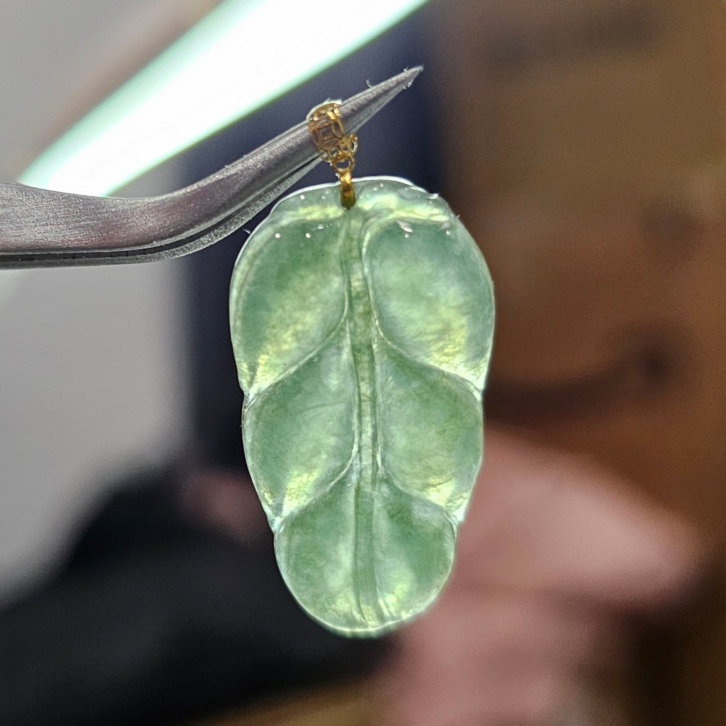 Natural Burmese Jade Leaf 18K Gold Pendant