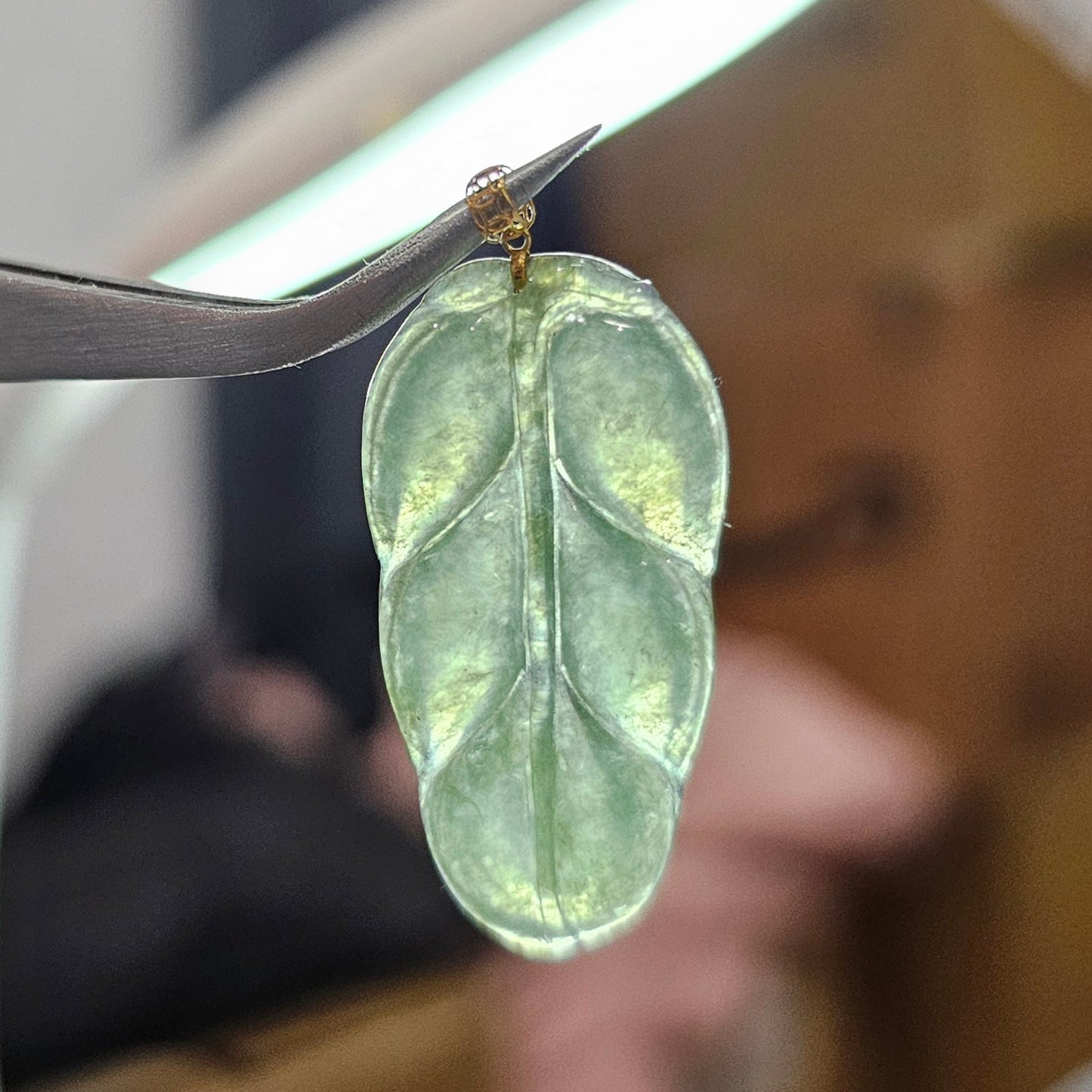 Natural Burmese Jade Leaf 18K Gold Pendant