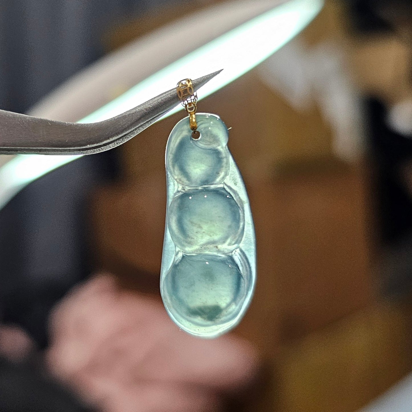 Natural Burmese Jade Beans 18K Gold Pendant