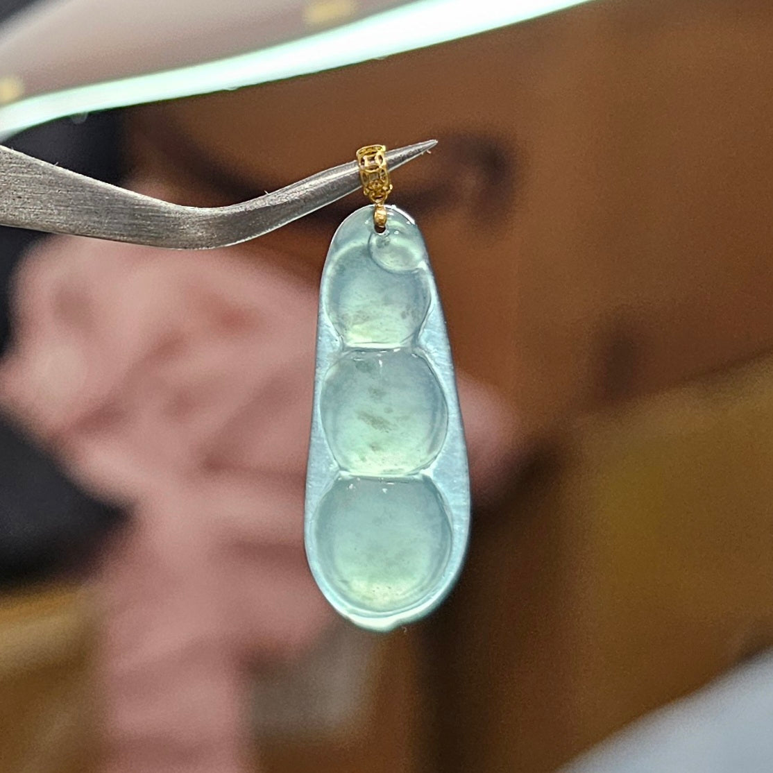 Natural Burmese Jade Beans 18K Gold Pendant