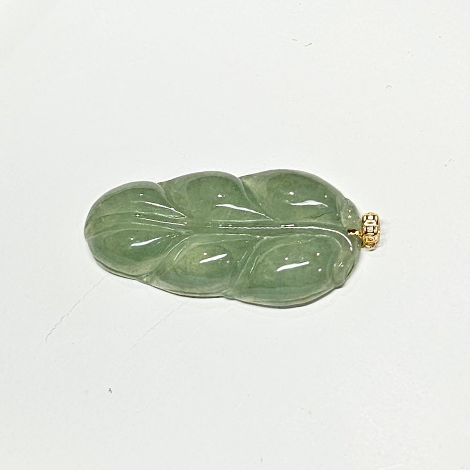 Natural Burmese Jade Leaf 18K Gold Pendant
