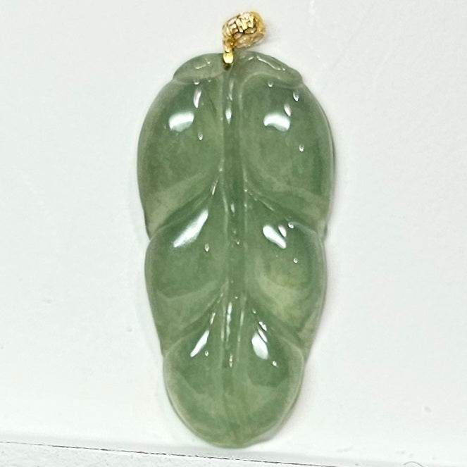 Natural Burmese Jade Leaf 18K Gold Pendant