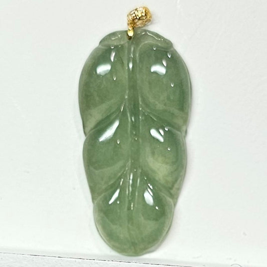Natural Burmese Jade Leaf 18K Gold Pendant