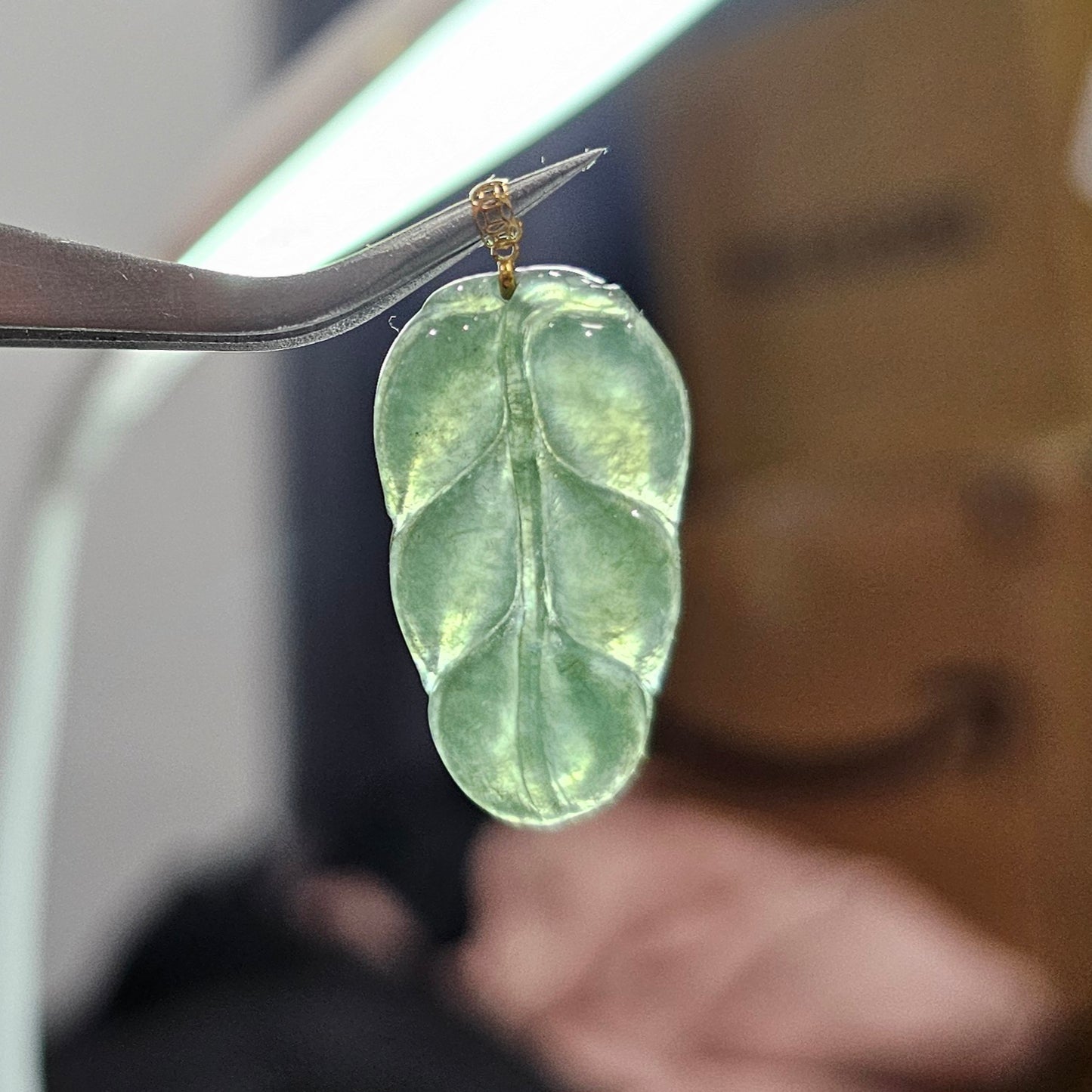 Natural Burmese Jade Leaf 18K Gold Pendant
