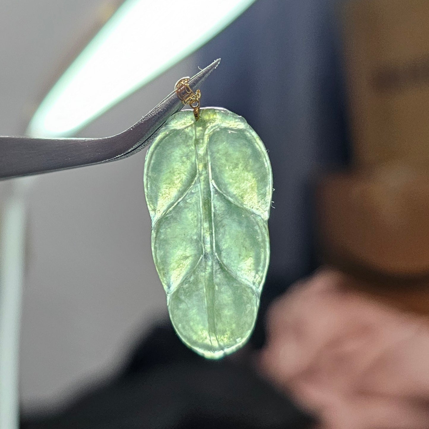 Natural Burmese Jade Leaf 18K Gold Pendant