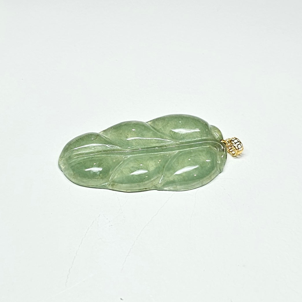 Natural Burmese Jade Leaf 18K Gold Pendant