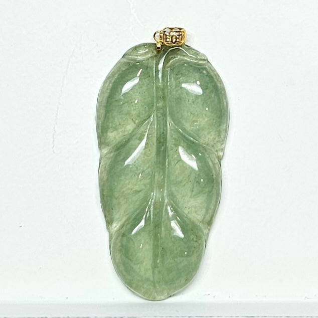Natural Burmese Jade Leaf 18K Gold Pendant