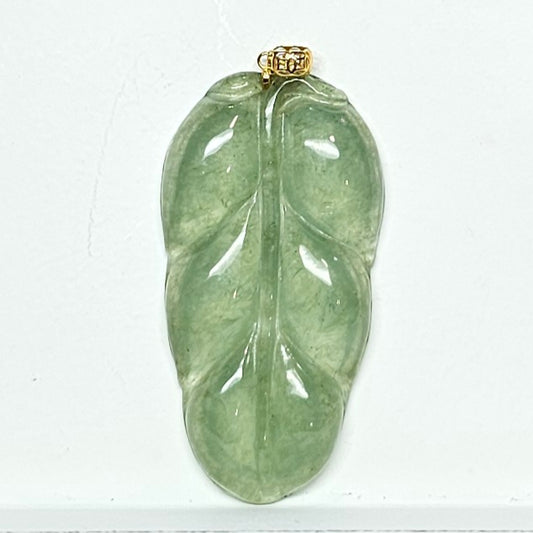 Natural Burmese Jade Leaf 18K Gold Pendant